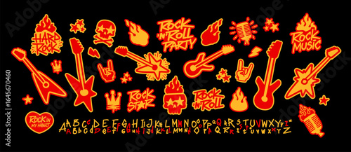 Cool Rock music and Punk flame style doodle sticker set. Rock and Roll Doodle Font with Stickers: Skull, Guitar, Fire, Music Icons with skulls, guitars, flames, punk symbols
