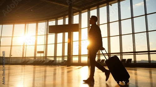 Silhouette of business traveler in airport at sunset, arriving or departing