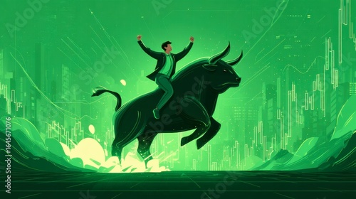 A businessman triumphantly rides a bull in a vibrant green backdrop, symbolizing financial success and market optimism in a digital world