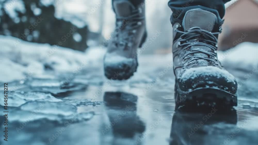 Boots walk on icy surface, reflection creating mirrored effect Winter scene, slow motion, emphasizes texture and movement Implies journey, perseverance, cold environment Boots walk on icy surface, reflection creating mirrored effect Winter scene, slow motion, emphasizes texture and movement Implies journey, perseverance, cold environment