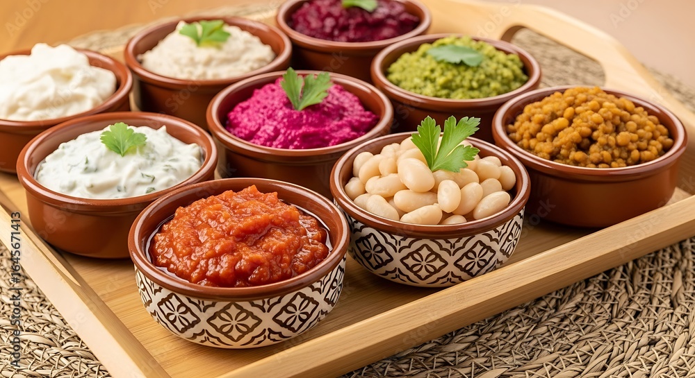 Fototapeta premium Appetizing selection of colorful vegetable dips and beans presented in decorative bowls resting on a tray