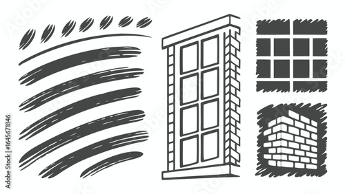 Vector art of hand drawn brush strokes and architectural elements like a window and brick wall for creative designs