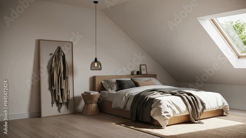 A cozy, minimalist bedroom bathed in warm natural light.