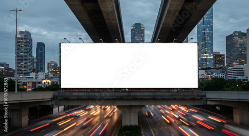 Blank white billboard mockup over a busy highway with long exposure traffic trails against a modern city skyline at dusk.