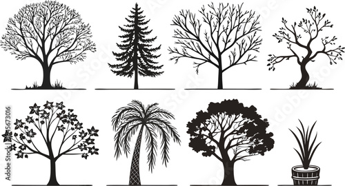 Vector art of collection of diverse tree silhouettes showcasing various species and shapes for design and artistic applications