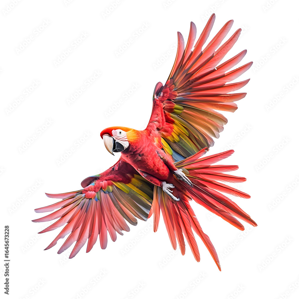 Obraz premium Vibrant scarlet macaw parrot in full flight displaying its magnificent plumage isolated on transparent background