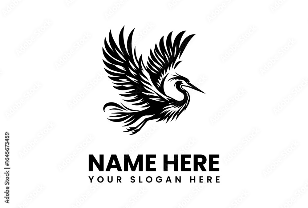 Fototapeta premium Bold Black Heron in Flight Logo Design.