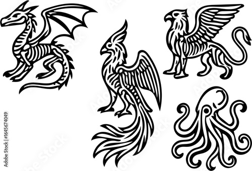 Mythical Creature Skeleton Illustrations – Dragon, Phoenix, Griffin, Mermaid, Kraken