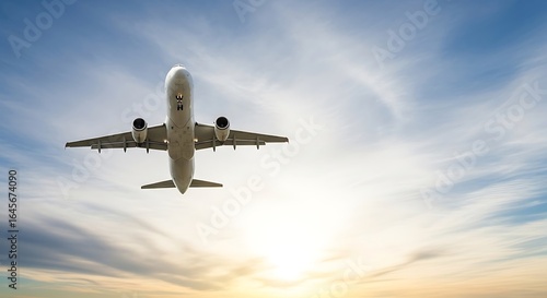 Underside of a commercial airplane reveals its landing gear during a beautiful sunrise takeoff