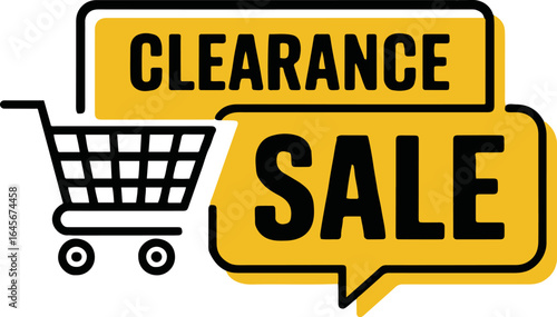 A yellow clearance sale sign with a shopping cart icon on a light yellow background graphic design