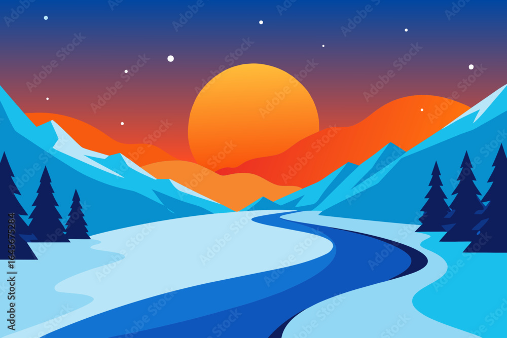 Fototapeta premium Vibrant sunset over a snowy mountain landscape with a winding river