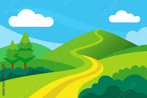 Sunny landscape with winding yellow path through green hills