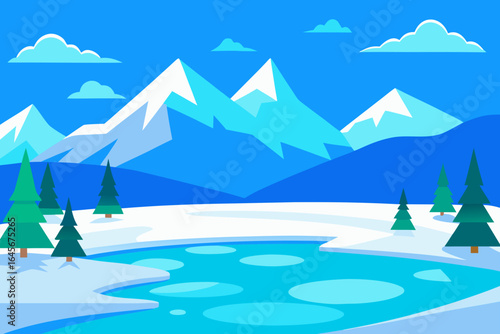Stylized winter mountain landscape with snowy peaks and frozen lake