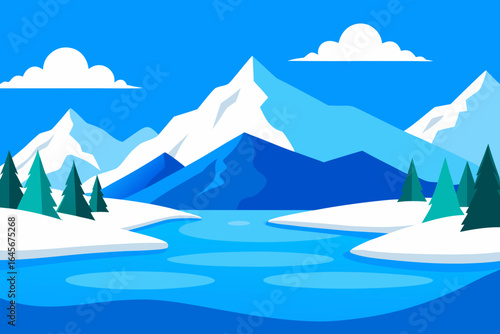 Vibrant winter mountain landscape with snowy peaks and blue water