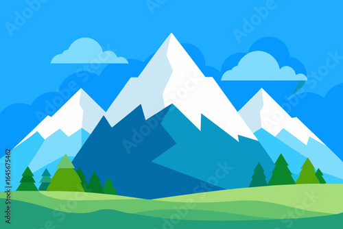 Stylized snowy mountain peaks with green hills and clouds