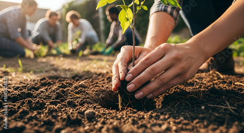 Community members planting young saplings in soil during an outdoor gardening workshop, promoting sustainable agriculture and environmental awareness efforts