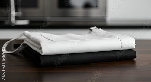 Elegant arrangement of neatly folded white and black cloths on a modern kitchen table, highlighting minimalistic design and a sophisticated atmosphere.