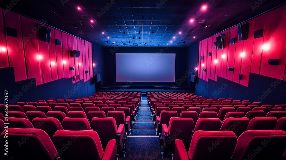 Fototapeta premium Empty movie theater with red seats and large screen illuminated by soft lights.