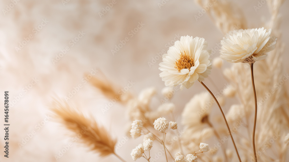 Obraz premium Dried floral arrangement with soft dreamy bokeh, vintage aesthetic background