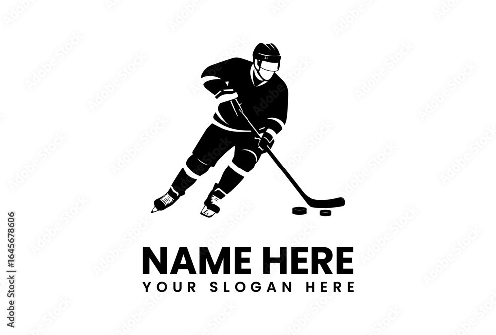 Obraz premium Dynamic hockey player silhouette with pucks stick and full protective gear.