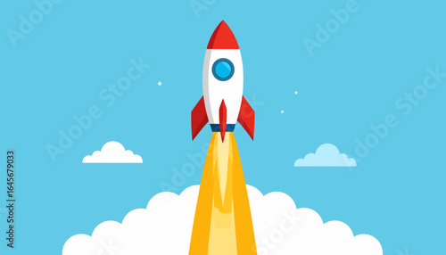 Colorful illustration of a rocket taking off into a blue sky, symbolizing successful business launch, rapid growth, startup concept, and future aspirations.