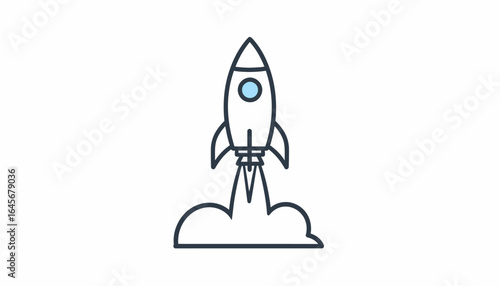 Simple vector illustration of a rocket ship taking off into the sky with smoke clouds