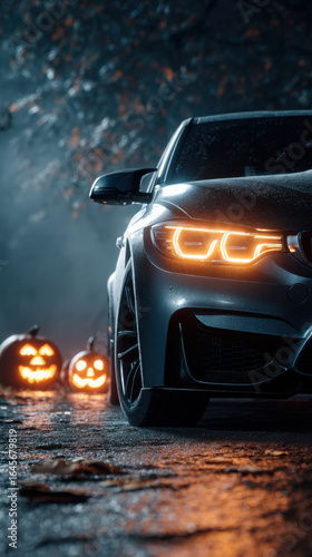 Luxury Car With Scary Halloween Pumpkins In Fog