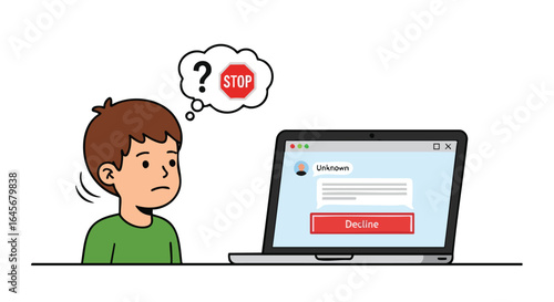 Confused boy thinking about stranger danger online from a suspicious message.