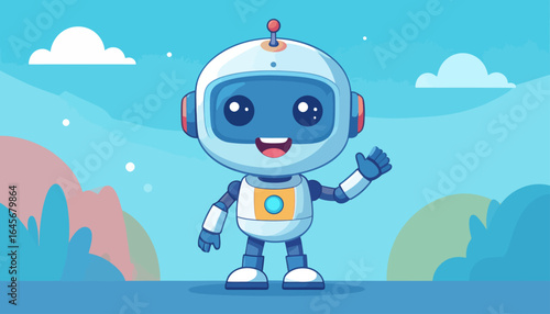 Adorable friendly AI robot character waving, an inviting digital assistant for modern technology and innovative solutions, ideal for web design and digital communication.