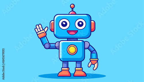 Friendly blue robot waving hello with a smile, illustration