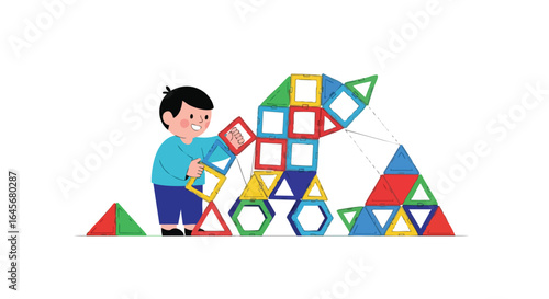 Creative child playing with colorful magnetic construction tiles.