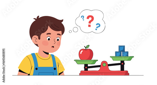 Curious boy learning about weight and balance with a scale.
