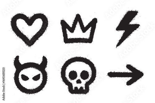 Set of graffiti-style spray icons in black, including heart, crown, skull, devil, and other urban street art symbols.