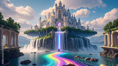 Floating Castle with Rainbow Waterfall