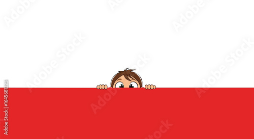 Curious cartoon child peeking over the national flag of Poland.