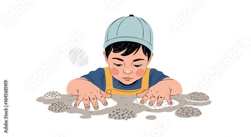 Curious little boy engaged in sensory play and learning.