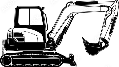 Black and White Vector Illustration of a Mini Excavator
