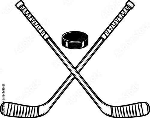 Crossed Hockey Sticks and Puck - Vector Outline Illustration

