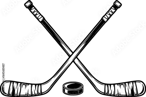 Crossed Hockey Sticks and Puck - Vector Outline Illustration
