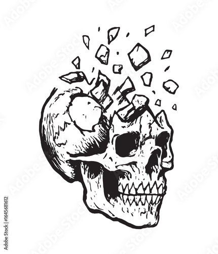 Artistic black and white sketch of a cracked human skull with shattered fragments flying outward, symbolizing destruction or transformation.