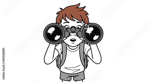 Curious young boy with a backpack exploring with binoculars.