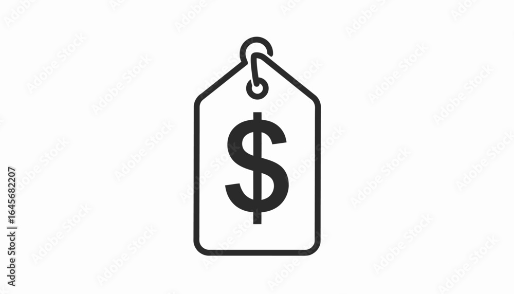 Obraz premium Simple black and white line icon of a price tag with a dollar sign, representing concepts of cost, value, sales, and financial transactions for commercial purposes.