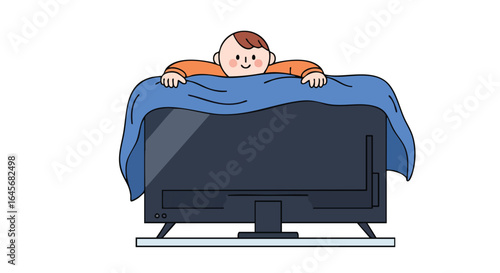 Cute cartoon boy hiding behind a television set.