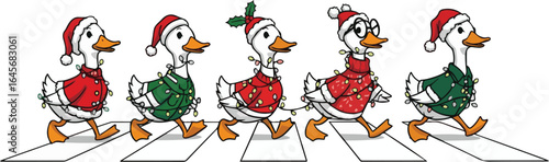 Christmas Geese Crossing, Funny Xmas Ducks, Holiday Goose Walk, Cute Christmas Ducks, Geese in Santa Hats