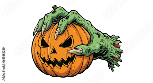 A spooky green zombie hand emerges from a carved Halloween pumpkin, ready.