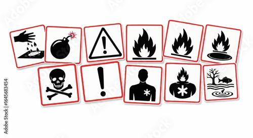 Globally Harmonized System (GHS) hazard Warning symbols with red curved outline isolated on transparent background. All 9 GHS chemical labelling stickers