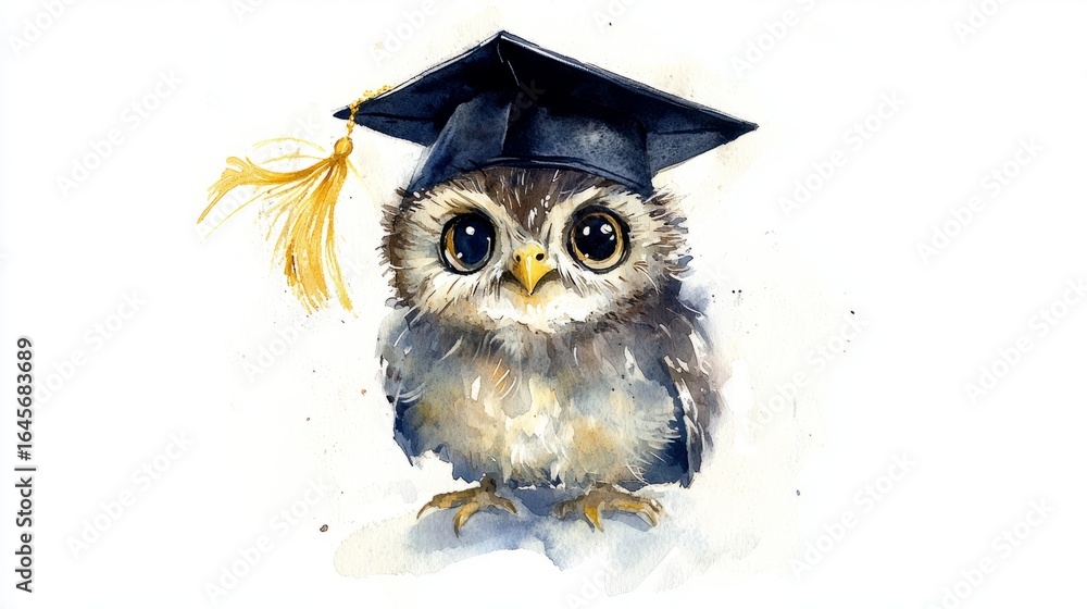 Fototapeta premium Watercolor Painting of an Owl Wearing a Graduation Cap and Tassel