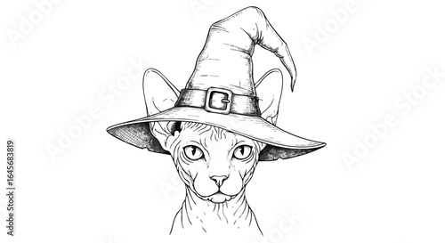 A Sphynx cat wearing a witch's hat, depicted in a detailed black and white drawing.