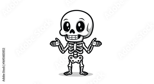 Cartoon skeleton with big eyes and a friendly smile, shrugging with open palms.