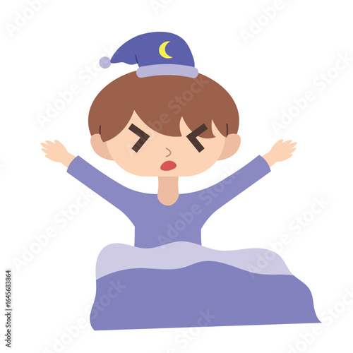 Illustration of a boy waking up. Boy yawning on the bed. Lazy morning. Simple character illustration vector design.